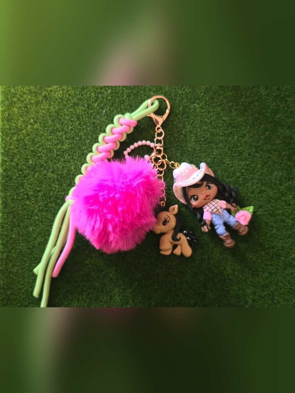Handmade Pink Plush Pom Bag Charm with Cowgirl Clay Doll